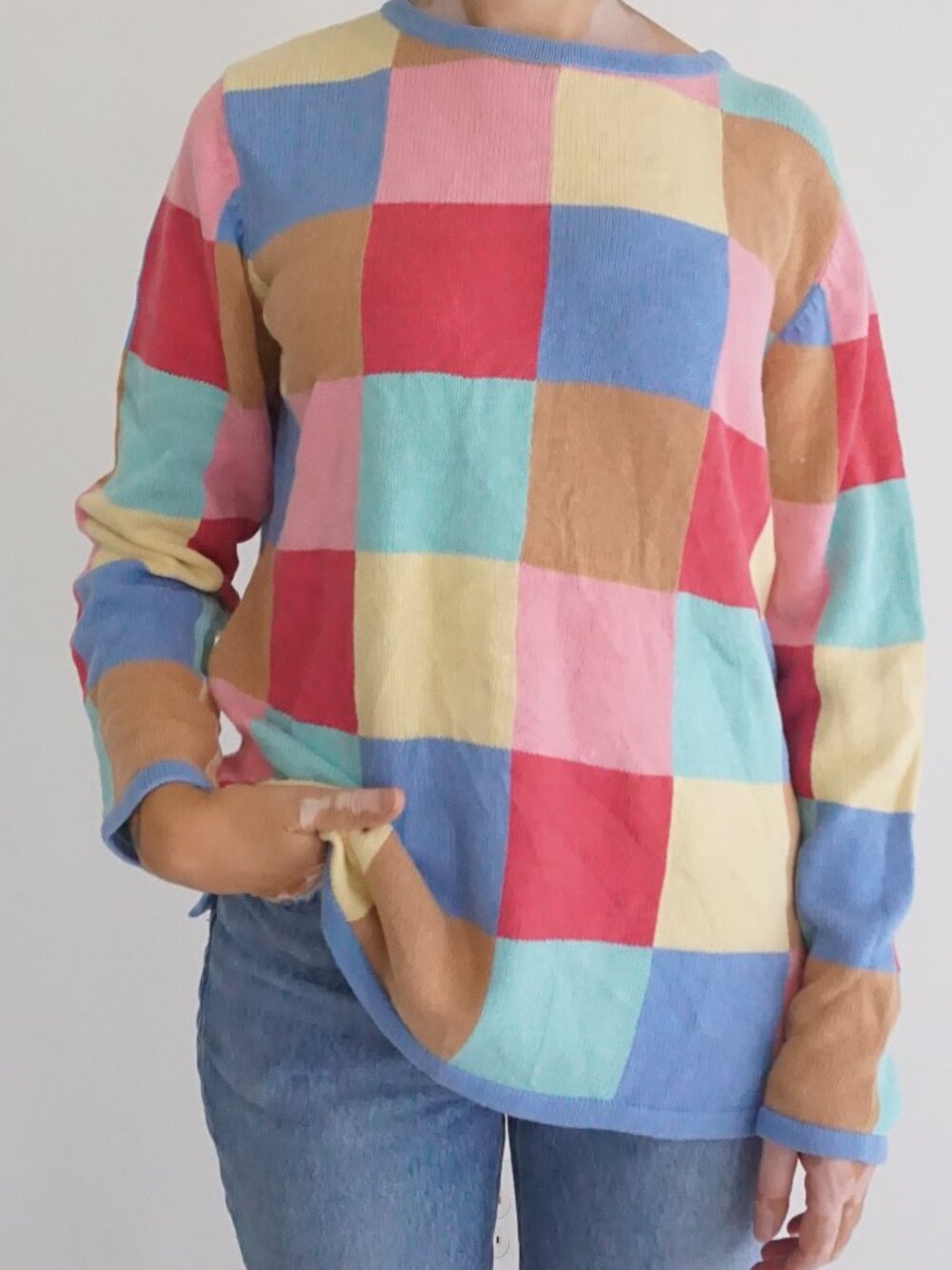 Vintage Susan Graver Multicolor Checkerboard Colorblock Preppy Sweater S